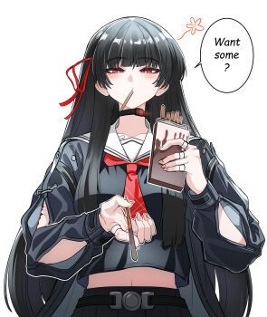 1girl absurdres arm_cutout black_choker black_hair black_serafuku black_shirt breasts chisa_(wuthering_waves) choker clothing_cutout collarbone commentary crop_top english_commentary english_text fingernails food food_in_mouth hair_ribbon highres holding holding_food holding_pocky light_blush long_hair long_sleeves looking_at_viewer medium_breasts mole mole_under_eye neckerchief offering_food pocky pocky_in_mouth red_eyes red_neckerchief red_ribbon ribbon sailor_collar school_uniform serafuku shirt simple_background solo tacet_mark_(wuthering_waves) tu_thanh upper_body white_background white_sailor_collar wuthering_waves