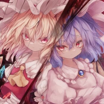 2girls ascot blonde_hair blue_gemstone brooch closed_mouth collar dress flandre_scarlet floating_hair frilled_collar frilled_hat frilled_shirt_collar frilled_sleeves frills frown gem hat jewelry looking_at_viewer medium_hair mob_cap multiple_girls pink_dress puffy_short_sleeves puffy_sleeves purple_hair red_eyes red_vest remilia_scarlet shirt short_sleeves split_screen touhou vest wgremory white_hat white_shirt yellow_ascot