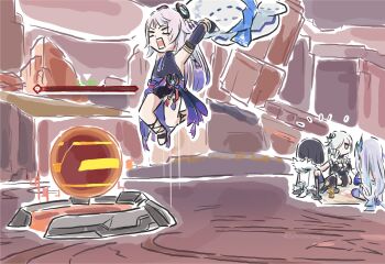 4girls ball battle black_hair blue_hair citlali_(genshin_impact) commentary detached_sleeves dress english_commentary fingerless_gloves gameplay_mechanics genshin_impact gloves grey_hair hair_ornament health_bar highres holding holding_pillow jacket jacket_on_shoulders long_hair medium_hair multicolored_hair multiple_girls official_alternate_costume open_mouth outdoors pillow pink_hair purple_hair shenhe_(frostflower_dew)_(genshin_impact) shenhe_(genshin_impact) sitting skirk_(genshin_impact) two-tone_hair very_long_hair xinzoruo yelan_(genshin_impact)