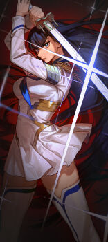 1girl absurdres bakuzan bilingual_commentary black_hair blue_eyes boots breasts bright_pupils chinese_commentary closed_mouth commentary commentary_request dress english_commentary epaulettes feet_out_of_frame fighting_stance floating_hair glint gootai highres holding holding_sword holding_weapon junketsu katana kill_la_kill kiryuuin_satsuki large_breasts long_hair long_sleeves looking_at_viewer mixed-language_commentary pleated_dress solo standing sword thick_eyebrows thigh_boots v-shaped_eyebrows very_long_hair weapon white_boots white_dress white_pupils