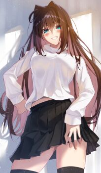 1girl ahoge aozaki_aoko black_skirt blue_eyes blush breasts brown_hair commentary_request grin highres indoors large_breasts light_particles long_hair looking_at_viewer mahou_tsukai_no_yoru shirt skirt smile solo toomishou white_shirt