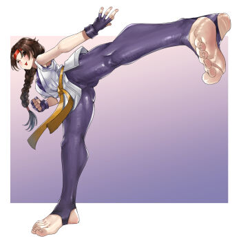 1girl black_gloves black_leggings blush braid braided_ponytail brown_eyes brown_hair clenched_hand dougi eiji_(eiji) feet fingerless_gloves foot_focus foreshortening full_body gloves hand_guard headband highres kicking leggings legs martial_arts no_shoes one_eye_closed red_headband ryuuko_no_ken snk soles solo stirrup_legwear the_king_of_fighters toeless_legwear toes tongue tongue_out undershirt v-shaped_eyebrows waistband white_background yuri_sakazaki
