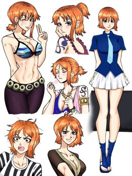 1girl 2024 ;p absurdres arabian_clothes arm_behind_back armlet arms_behind_back bandaid bandaid_on_face bandaid_on_forehead bare_shoulders battle_damage bikini bikini_top_only blood blood_on_arm blood_on_face blue_necktie blue_sandals blue_shirt blush bottle bracelet breasts briefcase brown_eyes brown_pants brown_shirt bruise bruise_on_arm bruise_on_face camouflage camouflage_bikini chaosoded cleavage closed_eyes closed_mouth collarbone collared_shirt commentary cowboy_shot cropped_legs cropped_torso earrings english_commentary full_body gold_necklace hand_on_own_cheek hand_on_own_face harem_outfit high_ponytail highres holding holding_briefcase holding_perfume injury jewelry large_breasts log_pose looking_at_viewer low_twintails medium_breasts messy_hair miniskirt multiple_expressions multiple_views nami_(one_piece) nami_(one_piece)_(alabasta) nami_(one_piece)_(enies_lobby) nami_(one_piece)_(skypiea) nami_(one_piece)_(thriller_bark) nami_(one_piece)_(water_7) navel necklace necktie official_alternate_costume one_eye_closed one_piece open_mouth orange_hair pants parted_lips perfume_(cosmetics) perfume_bottle pleated_skirt ponytail sandals shirt short_hair short_sleeves shoulder_tattoo simple_background single_sidelock skirt standing stomach striped_shirt swimsuit tattoo toned toned_female tongue tongue_out twintails upper_body v vertical-striped_clothes vertical-striped_shirt white_background white_skirt