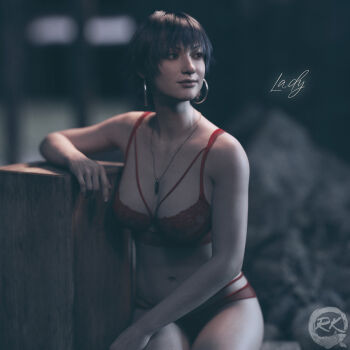 1girl 3d breasts devil_may_cry_(series) devil_may_cry_5 earrings jewelry lady_(devil_may_cry) leaning_on_object lingerie necklace smile underwear