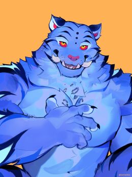 1boy bara blue_fur claws colored_sclera derpy_(kpop_demon_hunters) furry furry_male hand_on_own_chest highres kpop_demon_hunters lanladeo looking_at_viewer male_focus navel nipples nude orange_background pectorals red_sclera simple_background solo striped_fur strongman_waist teeth tiger_boy tusks twitter_username upper_body yellow_eyes