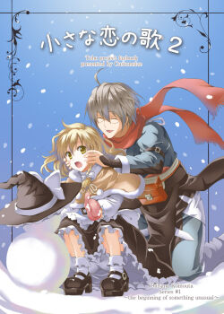 1boy 1girl blonde_hair bloomers capelet glasses hands_on_another&#039;s_face hat unworn_hat unworn_headwear kirisame_marisa kneeling long_hair mary_janes mittens morichika_rinnosuke sakurai_makoto sakurai_makoto_(custom_size) scarf shoes short_hair silver_hair smile snow snowman squatting touhou underwear witch witch_hat yellow_eyes