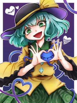 1girl abuo_(abuosann) black_hat buttons collared_shirt commentary_request diamond_button eyeball floral_print frilled_shirt_collar frilled_sleeves frills green_eyes green_hair green_skirt hat hat_ribbon heart heart_of_string highres komeiji_koishi long_sleeves looking_at_viewer medium_hair open_mouth print_skirt ribbon rose_print shirt skirt smile solo third_eye touhou wide_sleeves wrist_cutting yellow_ribbon yellow_shirt