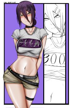 1girl absurdres blush breasts chainsaw_man cropped_shirt green_eyes grey_shirt grey_shorts hair_between_eyes highres large_breasts lml1880828 micro_shorts navel purple_eyes reze_(chainsaw_man) shirt shorts solo
