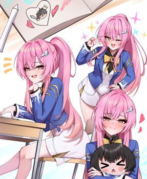 Rule 34 | > <, 1girl, ;d, absurdres, aemeath (wuthering waves), blue jacket, blush, book, bow, bowtie, breasts, closed mouth, commentary, dress, english commentary, gekhuay, hair ornament, hand on own hip, heart, highres, jacket, long hair, looking at viewer, male rover (wuthering waves), medium breasts, multiple views, official alternate costume, one eye closed, open mouth, orange bow, orange bowtie, orange eyes, pink hair, ponytail, remnant cube (wuthering waves), rover (wuthering waves), school uniform, sitting, smile, star-shaped pupils, star (symbol), symbol-shaped pupils, v, white background, white dress, wuthering waves