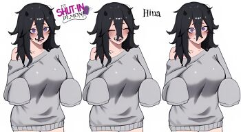 1girl black_hair blush closed_eyes demon_horns fang grey_background hina_(my_shut-in_demon) horns long_sleeves looking_at_viewer medium_hair messy_hair multiple_views my_shut-in_demon off_shoulder oversized_clothes purple_eyes reference_sheet simple_background sitting smile solo sweater