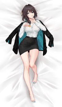 1girl absurdres aqua_nails barefoot bead_necklace beads bed_sheet black_jacket black_skirt breasts brown_hair chinese_commentary commentary_request feet finger_to_mouth flower food full_body green_eyes hair_flower hair_intakes hair_ornament hands_up highres holding holding_food honkai:_star_rail honkai_(series) index_finger_raised jacket jewelry knee_up large_variant_set long_hair looking_at_viewer lying medium_breasts multicolored_hair nail_polish necklace office_lady on_back on_bed parted_lips pencil_skirt ruan_mei_(honkai:_star_rail) shirt shirt_tucked_in shushing skirt solo streaked_hair toenail_polish toenails toes variant_set white_shirt yunkaiming