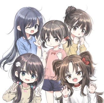5girls :o ;d absurdres animal_collar arikomen black_eyes black_hair blue_eyes blue_hair blue_shirt blue_shorts bow brown_eyes brown_hair child closed_mouth collar dog_hair_ornament double_v fangs green_eyes hair_bobbles hair_bow hair_bun hair_ornament highres long_hair long_sleeves looking_at_viewer low_twintails medium_hair multiple_girls one_eye_closed open_mouth original parted_bangs pink_shirt raglan_sleeves red_bow red_collar shirt shirt_bow short_sleeves short_twintails shorts single_hair_bun smile twintails v w white_background white_shirt yellow_sleeves