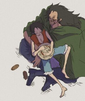 2boys black_hair blue_shorts boots commentary d_win facial_tattoo father_and_son hat highres long_hair male_focus monkey_d._dragon monkey_d._luffy multiple_boys one_piece red_shirt sandals scar scar_on_face shirt short_hair shorts sleeping sleeveless sleeveless_shirt smile straw_hat symbol-only_commentary tattoo