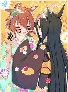 2girls agnes_tachyon_(umamusume) animal_ears aqua_kimono black_hair black_kimono blush calligraphy_brush closed_eyes commentary_request dotted_line ears_down eighth_note facepaint floral_print hagoita highres holding holding_brush holding_paintbrush horse_ears horse_girl japanese_clothes kimono long_hair long_sleeves looking_at_another manhattan_cafe_(umamusume) multiple_girls musical_note new_year nochatea obi open_mouth outline paddle paintbrush sash short_hair spoken_sweatdrop sweatdrop umamusume very_long_hair white_outline wide_sleeves yellow_eyes yellow_sash yuri