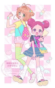 2girls cardcaptor_sakura chii_(chi_pppuri) child clover_print double_bun hair_bun harukaze_doremi heisei_retro jojifuku kinomoto_sakura loose_socks multiple_girls ojamajo_doremi pin_(object) raglan_sleeves shirt short_hair short_shorts short_sleeves short_twintails shorts skirt socks t-shirt thighhighs twintails
