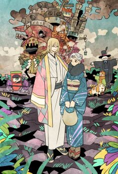 2boys 2girls bag blob_men blonde_hair blue_eyes blue_kimono castle child commentary dog earrings eye_contact full_body fur-trimmed_kimono fur_trim hair_bun hand_on_another&#039;s_shoulder haori hat heen highres holding holding_bag howl_no_ugoku_shiro howl_pendragon japanese_clothes jewelry kakashi_no_kabu kimono looking_at_another markl medium_hair multiple_boys multiple_girls necklace obi orange_scarf sash scarecrow scarf short_hair smile smoke smoking_pipe socks sophie_hatter_(howl_no_ugoku_shiro) takeuchi_ryousuke white_hair witch witch_of_the_waste