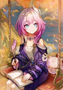 1girl absurdres blue_eyes breasts chimera_(honkai:_star_rail) coat commentary_request cyrene_(aedes_elysiae)_(honkai:_star_rail) cyrene_(honkai:_star_rail) dress hair_ornament highres holding holding_quill honkai:_star_rail honkai_(series) isome jewelry medium_hair necklace on_swing outdoors pink_hair pink_pupils purple_coat quill sitting small_breasts smile solo swing swing_set tree water white_dress white_hair