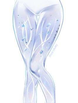 1girl commentary crystal_shards groin highres leg_focus minyami_(hia8038) mornye_(wuthering_waves) prosthesis prosthetic_leg signature simple_background solo symbol-only_commentary tacet_mark_(wuthering_waves) white_background wuthering_waves