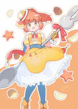 1girl absurdres arle_nadja blue_pantyhose brooch commentary_request curry detached_sleeves dress food food-themed_hat giant_spoon gloves hat highres holding holding_spoon jazz_grace jewelry mini_hat official_alternate_costume onion overskirt pantyhose ponytail puffy_detached_sleeves puffy_sleeves puyopuyo puyopuyo_quest red_hair red_ribbon ribbon see-through_clothes see-through_overskirt shoes sidelocks signature solo spoon star_(symbol) two-tone_background veil white_dress wrist_cuffs yellow_eyes yellow_gloves