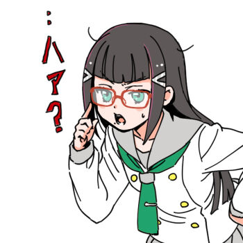 1girl black_hair blunt_bangs buttons commentary_request double-breasted glasses green_neckerchief grey_sailor_collar grey_skirt kurosawa_dia leaning_forward long_hair long_sleeves loose_hair_strand love_live! love_live!_sunshine!! mole mole_under_mouth neckerchief open_mouth pleated_skirt red-framed_eyewear sailor_collar school_uniform serafuku shinanoya_(satanicad) shirt sidelocks skirt solo sweatdrop tie_clip uranohoshi_school_uniform v-shaped_eyebrows white_shirt winter_uniform