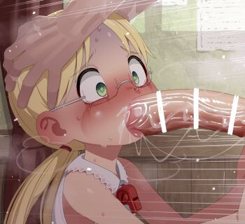 1boy 1girl absurdres bar_censor blonde_hair blush censored cheek_bulge curtains erection fellatio glasses green_eyes hetero highres indoors large_variant_set licking licking_penis loli made_in_abyss mizumizuni nose_blush oral penis precum riko_(made_in_abyss) saliva solo_focus sweat tongue tongue_out twintails variant_set veins veiny_penis whistle whistle_around_neck