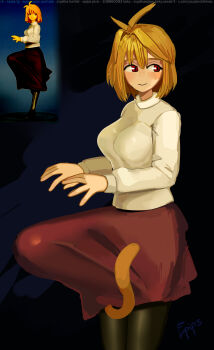 absurdres arcueid_brunestud black_pantyhose blonde_hair breasts bulge cat_tail epips full_body futanari gigantic_penis hair_between_eyes hair_intakes highres large_penis long_skirt melty_blood_arcueid_figure_(meme) meme pantyhose penis purple_skirt short_hair skirt solo sweater tail thick_thighs thighs tsukihime turtleneck turtleneck_sweater white_sweater