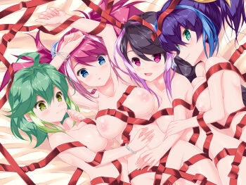 4girls aqua_eyes blue_eyes blue_hair blush bow bracelet_girls breast_press breasts calcio green_eyes green_hair hair_between_eyes hair_bow hair_ornament hair_ribbon highres hiiragi_yuzu kurosaki_ruri large_breasts long_hair multicolored_hair multiple_girls naked_ribbon nipples nude pink_eyes pink_hair ponytail purple_hair quadruplets ribbon rin_(yu-gi-oh!) serena_(yu-gi-oh!) siblings sisters take_your_pick two-tone_hair yu-gi-oh! yu-gi-oh!_arc-v