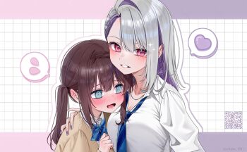 2girls @_@ asymmetrical_bangs blue_bow blue_eyes blue_necktie blush bow brown_hair cardigan commentary_request diagonal-striped_bow diagonal-striped_clothes diagonal-striped_necktie embarrassed grey_hair grin hair_ornament hairclip hand_on_another&#039;s_shoulder head_on_chest heart height_difference jewelry long_hair looking_at_viewer multiple_girls nail_polish necklace necktie nose_blush open_mouth original parallel_hairclips pink_eyes qr_code shirt smile spoken_heart striped_bow striped_clothes twintails upper_body white_shirt yuri yuuyu_(moco20111115)