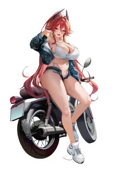 1girl :d absurdres bandaid bandaid_on_face bandaid_on_nose bare_shoulders blush breasts camisole cleavage commentary english_commentary full_body goddess_of_victory:_nikke hair_between_eyes hand_up hido_(cherryhido) highleg highleg_panties highres horns huge_breasts jacket long_hair long_sleeves looking_at_viewer micro_shorts motor_vehicle motorcycle navel official_alternate_costume open_clothes open_fly open_jacket open_mouth open_shorts panties ponytail red_hair red_hood_(nikke) red_hood_(retro_days)_(nikke) shoes shorts side-tie_panties simple_background smile solo standing stomach teeth thighs underwear upper_teeth_only white_background white_camisole white_panties white_shoes yellow_eyes