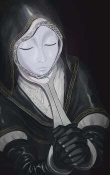 1girl absurdres begging black_background bound bound_arms cape commentary elden_ring elden_ring_nightreign female_focus highres mask newkay22 nun pillory restrained simple_background undertaker_(elden_ring)