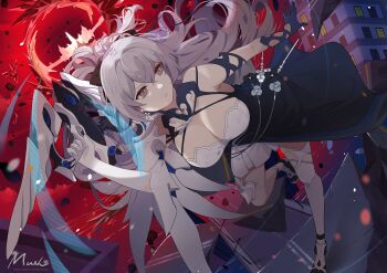 1girl absurdres artist_name breasts bronya_zaychik bronya_zaychik_(silverwing:_n-ex) cleavage commentary dress english_commentary gloves grey_eyes grey_hair gun highres holding holding_gun holding_weapon honkai_(series) honkai_impact_3rd large_breasts long_hair mush_(mushlicious) red_sky sky solo thighhighs very_long_hair weapon white_dress white_gloves white_thighhighs
