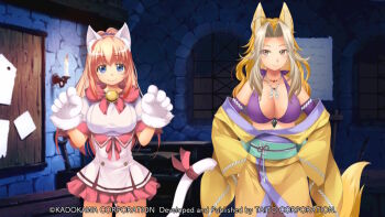 ahoge animal_ears animal_hands atelier-moo bare_shoulders bell bikini blonde_hair blue_eyes breasts brown_eyes candle cat_ears cat_paws cat_tail cleavage closed_mouth company_name cowboy_shot curtained_hair fang fox_ears fox_tail game_cg gloves green_sash grey_hair hair_between_eyes halterneck hands_on_own_hips hands_up high_ponytail huge_breasts indoors japanese_clothes jewelry kimono large_breasts long_hair long_sleeves melody_sinclair miniskirt multicolored_hair neck_bell necklace night non-web_source obi official_art open_clothes open_kimono paw_gloves pink_hair pink_skirt pleated_skirt ponytail purple_bikini ribbon sash short_sleeves side-by-side sidelocks skirt smile stone_wall swimsuit tachibana_yura tail tail_ornament tail_ribbon two-tone_hair underbust variant_set w_arms wavy_hair white_gloves wide_ponytail wide_sleeves window yellow_kimono yuukyuu_gensoukyoku yuukyuu_gensoukyoku_revival
