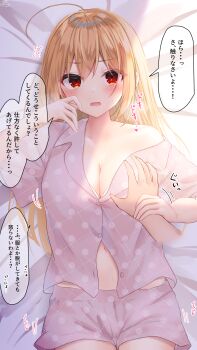 1girl ahoge blonde_hair blonde_hair-chan_(ramchi) blush breasts cleavage collarbone collared_pajamas fang flying_sweatdrops grabbing_another&#039;s_breast groping guided_breast_grab guiding_hand hand_up highres invisible_man long_hair looking_at_viewer lying midriff_peek motion_lines navel on_back on_bed original pajamas parted_lips partially_undressed pink_pajamas polka_dot polka_dot_pajamas ramchi red_eyes sidelocks speech_bubble straight_hair