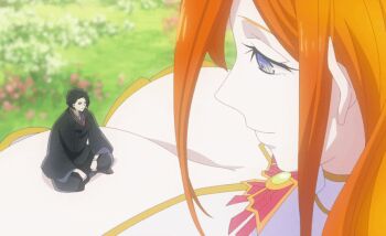 Rule 34 | 1boy, 1girl, 2024, 20s, animated, animated gif, anime screenshot, black eyes, black hair, black tunic, blue eyes, breasts, corset, dazai osamu (isekai shikkaku), detached collar, fairy, fairy queen, gem, giant, giantess, huge breasts, isekai shikkaku, jewel, jewelry, large breasts, long hair, oberis (isekai shikkaku), orange hair, revealing clothes, sitting, sitting on breasts, sitting on person, size difference, smile, tagme, tunic, wavy hair