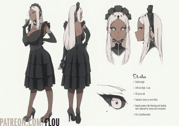 1girl angel arm_up black_dress black_sclera breasts character_age cleavage colored_sclera dark-skinned_female dark_skin detached_collar dress ear_ornament elbow_gloves flou_(flou_art) frilled_dress frills from_behind gloves hand_on_own_hip high_heels highres large_breasts looking_back maid maid_headdress mole mole_under_eye multiple_views original pantyhose pleated_dress reference_sheet sleeveless stella_(flou) tall_female white_eyes