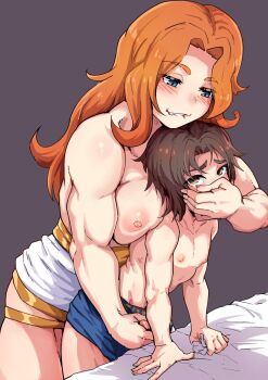 1boy 1girl age_difference biting_own_lip blue_eyes blush breast_press breasts brown_hair commission covering_another&#039;s_mouth femdom hand_over_another&#039;s_mouth handjob handjob_from_behind highres jack_rockhardt long_hair medium_breasts muscular muscular_female onee-shota orange_hair original penis_out reach-around short_hair shota topless_female topless_male