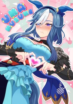 1girl admire_groove_(umamusume) animal_ears black_sleeves blue_dress blue_hair blush breasts cleavage_cutout closed_mouth clothing_cutout detached_sleeves dress ear_covers four-finger_heart_hands hairband heart heart_hands highres horse_ears horse_girl horse_tail large_breasts long_hair mole mole_under_mouth multicolored_hair necktie puffy_short_sleeves puffy_sleeves purple_eyes rapana_p red_necktie short_sleeves solo streaked_hair sweatdrop tail umamusume white_hair white_streaks