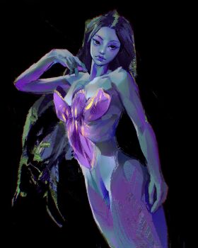 1girl abs absurdres black_background black_eyes commentary covered_erect_nipples english_commentary expressionless eyeshadow flower hand_on_own_shoulder hand_up highres iris_(flower) long_hair looking_at_viewer makeup mermaid monster_girl nude original outstretched_arm painterly purple_eyeshadow purple_hair purple_lips simple_background solo twulfs very_long_hair