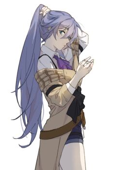 1girl alternate_costume ascot blue_eyes blue_hair bow brown_jacket brown_sleeves closed_mouth detective fu_hua fu_hua_(hawk_of_the_fog) fu_hua_(valkyrie_accipiter) gradient_bow grey_hair hair_between_eyes hairdressing high_ponytail highres honkai_(series) honkai_impact_3rd jacket long_hair official_alternate_costume ponytail purple_ascot solo tying_hair wangchuanjiyu323 white_background