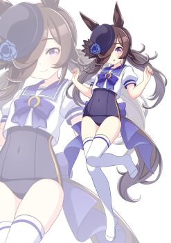 1girl alternate_costume alternate_hairstyle animal_ears blue_bow blue_bowtie blue_flower blue_rose blue_sailor_collar blush bow bowtie breasts brown_hair closed_mouth commentary_request covered_navel cropped_shirt flipped_hair flower full_body hair_ornament hair_over_one_eye hat hat_flower highres hokuyukis horse_ears horse_girl horse_tail long_hair looking_at_viewer low_twintails one-piece_swimsuit open_mouth purple_eyes ribbon rice_shower_(umamusume) rose sailor_collar school_swimsuit shirt short_sleeves simple_background small_breasts smile solo standing standing_on_one_leg swimsuit tail thighhighs tilted_headwear twintails umamusume white_background white_shirt white_thighhighs zoom_layer