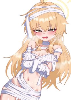 1girl absurdres ahoge bandages black_background blonde_hair blue_archive blush breasts commentary_request covering_breasts covering_privates cowboy_shot drooling dutch_angle embarrassed fang flying_sweatdrops grey_eyes halloween halo heavy_breathing highres loli long_hair naked_bandage navel oldsickkim open_mouth simple_background small_breasts solo steaming_body sweat sweatdrop thigh_gap thighs transparent_background very_long_hair yellow_halonavel yoshimi_(blue_archive) yoshimi_(halloween)_(blue_archive)