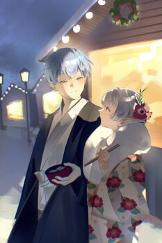 1boy 1girl absurdres blue_hair bowl chopsticks christmas_wreath couple elf floral_print floral_print_kimono flower frieren fur-trimmed_kimono fur_trim furisode grey_hair hair_flower hair_ornament hetero highres himmel_(sousou_no_frieren) holding holding_bowl holding_chopsticks ikachyu japanese_clothes kimono light_blush looking_at_another outdoors parted_bangs pointy_ears print_kimono red_flower short_hair smile sousou_no_frieren thick_eyebrows walking winter wreath