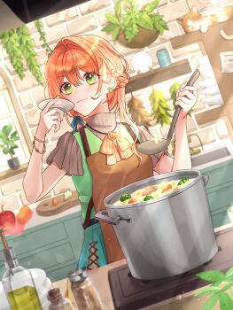 Rule 34 | 1girl, apron, braid, brown apron, closed mouth, commentary, commentary request, cooking pot, double-parted bangs, dutch angle, english commentary, green eyes, green vest, grey shirt, hair between eyes, half up braid, hands up, highres, hizaki sui, holding, holding ladle, holding plate, indoors, kitchen, ladle, long bangs, long hair, mixed-language commentary, orange hair, original, plant, plate, potted plant, shelf, shirt, slice of life, solo, standing, stew, tasting, turtleneck, turtleneck shirt, vest