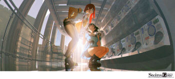 2girls ankle_boots aqua_dress black_footwear black_hair black_shorts boots brown_jacket brown_pantyhose chromatic_aberration commentary_request copyright_logo copyright_name dmfsxq dress facing_another fisheye fold-over_boots hand_on_own_chin hand_on_own_hip high_heel_boots high_heels highres holding holding_toy indoors jacket knee_boots leaning_forward logo long_hair makise_kurisu metal_upa multiple_girls necktie open_clothes open_jacket pantyhose pantyhose_under_shorts red_hair red_necktie science_adventure shiina_mayuri shirt short_shorts shorts squatting steins;gate toy ultraviolet_light very_long_hair white_shirt