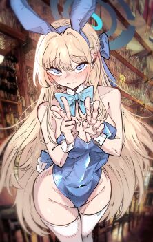 1girl animal_ears bare_shoulders blonde_hair blue_archive blue_bow blue_bowtie blue_eyes blue_halo blue_leotard blue_ribbon blush bow bowtie breasts cleavage collar collarbone commentary cowboy_shot curvy double_v fake_animal_ears from_above hair_between_eyes halo highres layer_(layer_illust) leotard looking_at_viewer medium_breasts playboy_bunny rabbit_ears ribbon solo straight_hair thighhighs toki_(blue_archive) toki_(bunny)_(blue_archive) v white_collar white_thighhighs