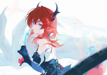 Rule 34 | 1girl, arknights, arknights: endfield, backless dress, backless outfit, bare shoulders, black dress, black gloves, black horns, breasts, closed mouth, commentary, demon horns, dress, food, from side, gloves, hair between eyes, hair intakes, highres, holding, holding food, holding popsicle, horns, kaido jun, laevatein (arknights), long hair, looking at viewer, medium breasts, popsicle, purple eyes, red hair, solo, surtr (arknights), tongue, tongue out