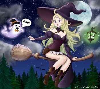 1girl absurdres ahoge alternate_costume bare_shoulders boots breasts broom cleavage commission detached_collar english_text fire_emblem fire_emblem_awakening fold-over_boots full_moon ghost green_hair halloween halloween_costume hat highres holding holding_broom iamerror14 knee_boots lantern leather leather_boots medium_breasts moon night night_sky nintendo nowi_(fire_emblem) open_mouth pointy_ears purple_eyes skeb_commission sky witch witch_(fire_emblem_fates) witch_hat