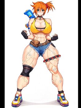 1girl abs alternate_muscle_size artalexc bandaid bandaid_on_knee bandaid_on_leg bare_shoulders belt biceps bikini black_border black_gloves blue_shorts blush border breasts choker cleavage clenched_hands collarbone curvy denim denim_shorts fingerless_gloves full_body gloves green_eyes huge_breasts jewelry knee_pads large_breasts looking_at_viewer misty_(pokemon) muscular muscular_female navel nintendo orange_hair poke_ball poke_ball_(basic) pokemon pokemon_(anime) pokemon_(classic_anime) pokemon_rgby ponytail pouch shoes short_hair short_shorts shorts side_ponytail simple_background sneakers solo standing swimsuit thick_thighs thigh_strap thighs veins veiny_arms weapon white_background