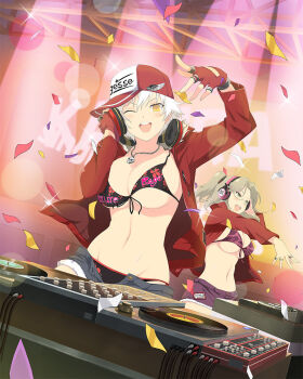 2girls bikini bikini_top_only bikini_under_clothes bird_wings black_bikini blush bouncing_breasts bracelet breasts brown_hair cable camouflage camouflage_bikini cleavage confetti dj fingerless_gloves floral_print front-tie_bikini_top front-tie_top fur_collar fur_trim glasses gloves green_eyes groin hair_between_eyes hand_on_headphones headphones headphones_around_neck imu_(senran_kagura) jacket jewelry large_breasts light_brown_hair linea_alba long_sleeves looking_at_viewer lowleg lowleg_bikini lowleg_shorts mixing_console miyabi_(senran_kagura) multiple_girls multiple_rings navel necklace official_art one_eye_closed open_clothes open_jacket open_mouth parted_bangs pendant phonograph red_jacket ring senran_kagura senran_kagura_new_wave senran_kagura_shinovi_versus short_hair short_shorts short_twintails shorts skull_necklace slit_pupils smile stage swimsuit turntable twintails vinyl_record white_hair wings wire yaegashi_nan yellow_eyes