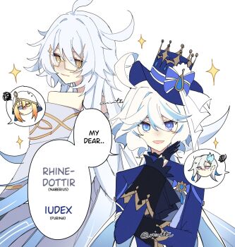 1boy 3girls ahoge antenna_hair artist_name bare_shoulders behind_another black_gloves blue_eyes blue_hair blue_hat blue_jacket blue_suit chibi closed_mouth commentary dress english_commentary english_text family formal_clothes bad_tag furina_(genshin_impact) genshin_impact glasses gloves grey_hair hair_intakes hand_up happy hat head_tilt heterochromia highres hood hood_up huge_ahoge jacket long_hair long_sleeves looking_at_viewer looking_to_the_side multicolored_hair multiple_girls naberius_(genshin_impact) neuvillette_(genshin_impact) no_mouth off_shoulder open_mouth orange_hair pink_lips purple_eyes reiu_(rriuette) rhinedottir_(genshin_impact) shaded_face side_ahoge simple_background smile sparkle speech_bubble spoken_character standing streaked_hair suit suit_jacket sweat symbol-shaped_pupils top_hat translated twitter_username upper_body wavy_hair white_background wide_sleeves worried yellow_eyes